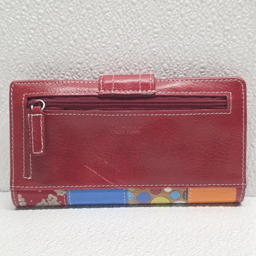 Fossil Red Leather Multicolor Patchwork Wallet Vintage